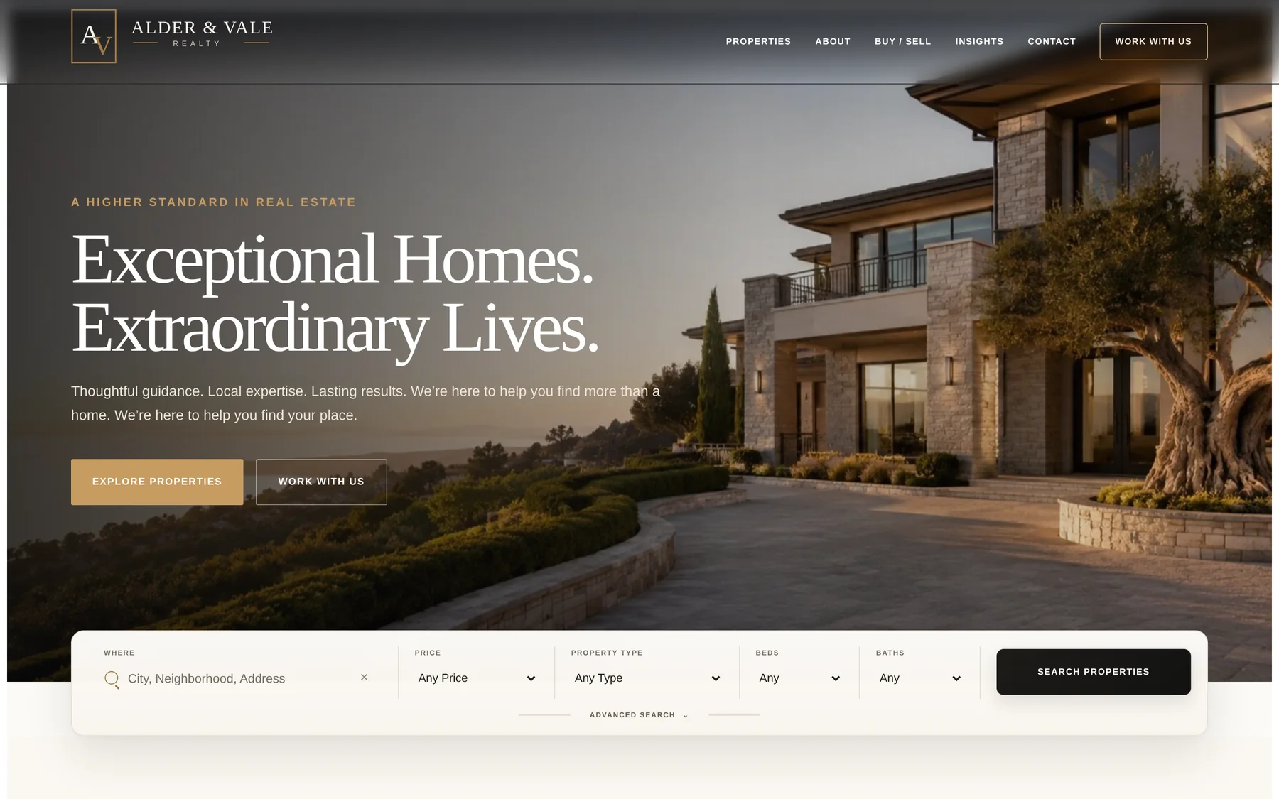 Alder and Vale Realty homepage hero