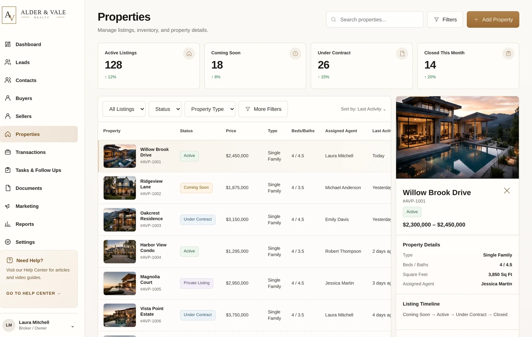 Alder and Vale properties screen