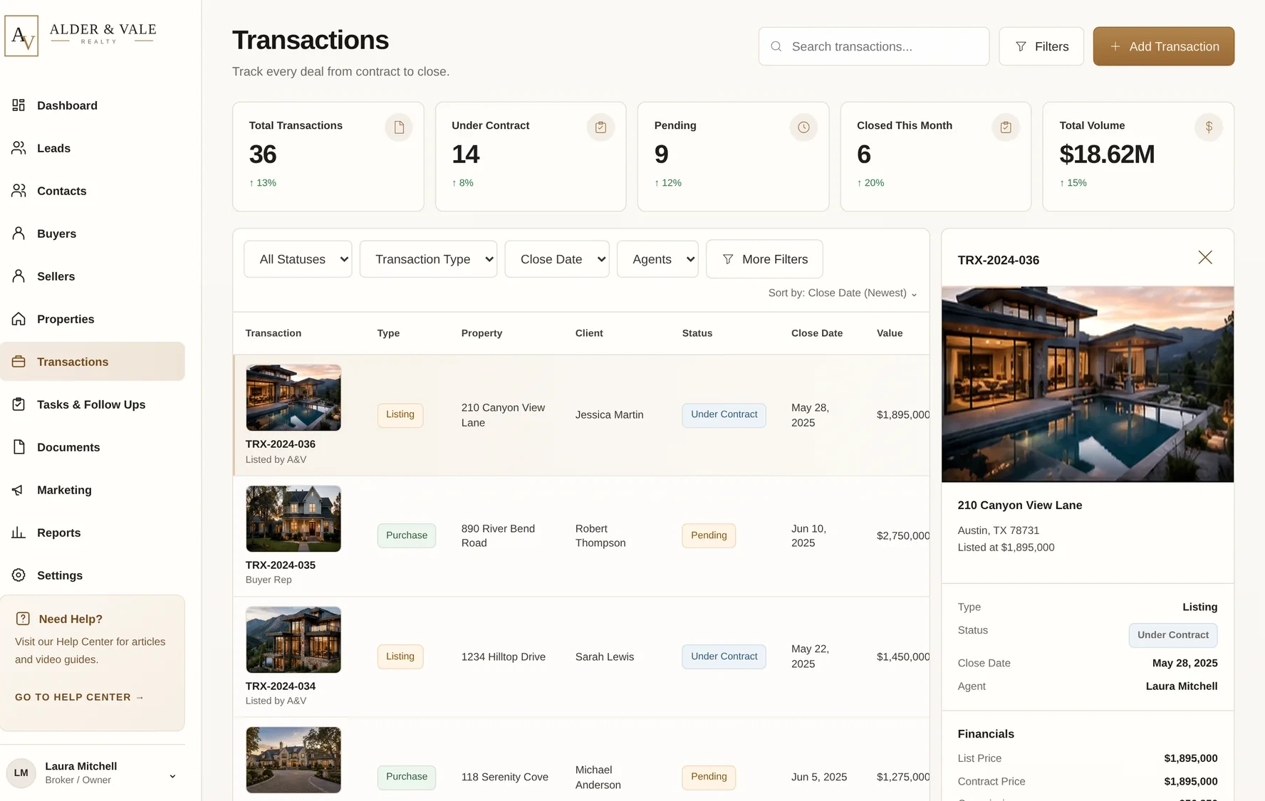 Alder and Vale transactions screen
