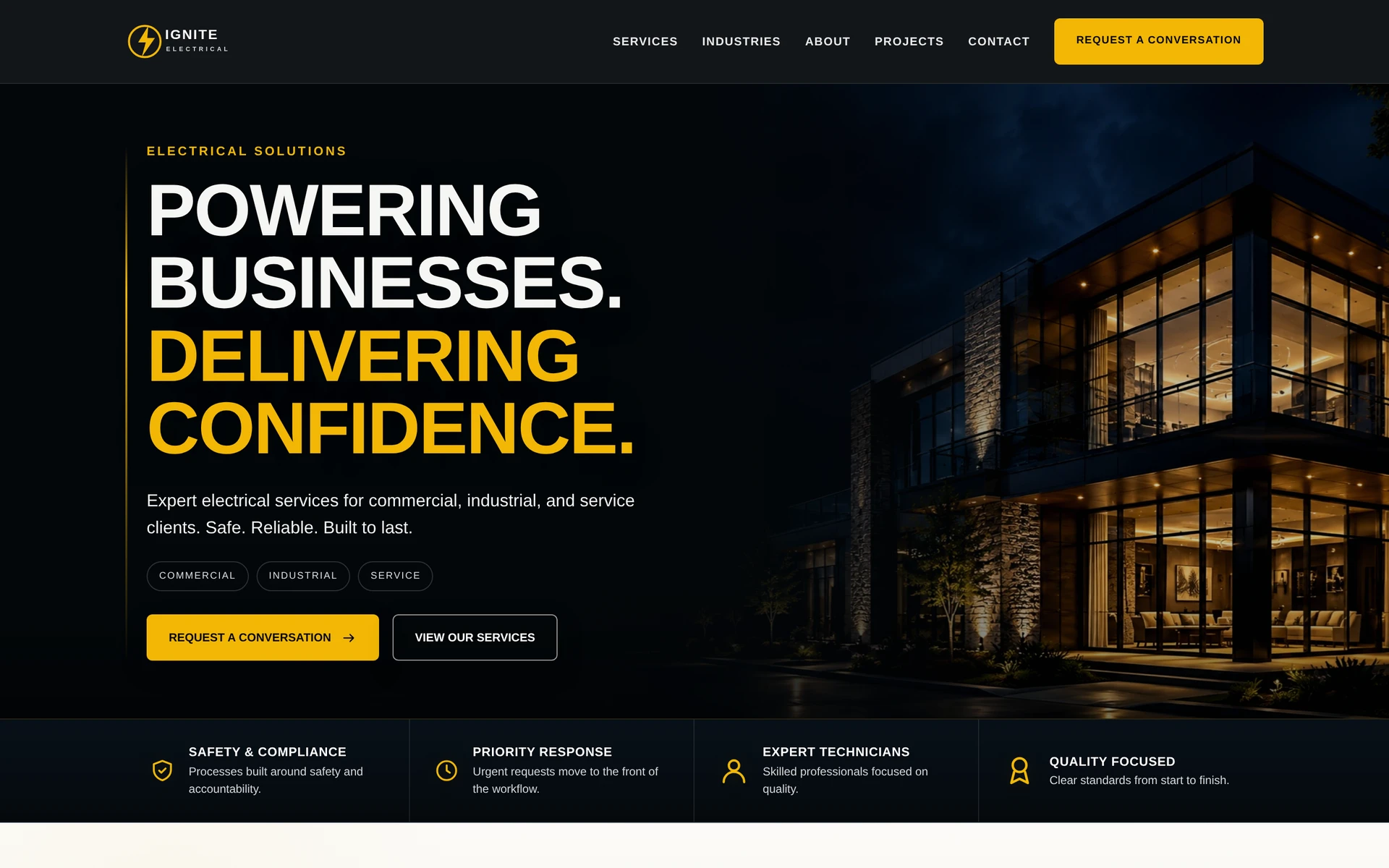 Ignite Electrical concept website homepage hero